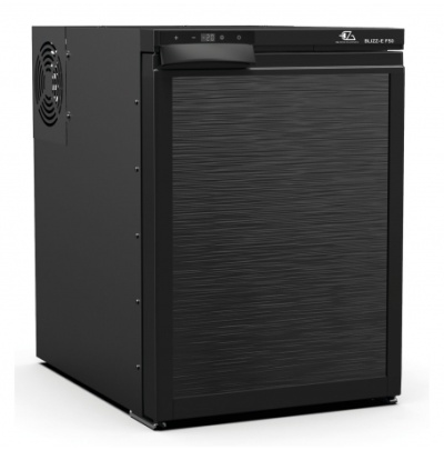 Arca congeladora preta Blizz-E F50 com painel digital e ventoinha lateral.