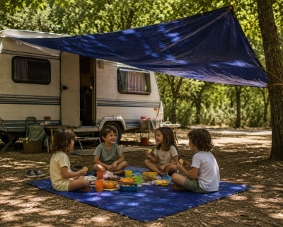 Quatro crianças sentadas num tapete azul sob toldo azul em floresta junto a caravana branca