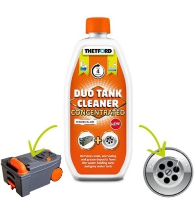 Frasco Duo Tank Cleaner concentrado com tampa laranja e ilustrações de tanque e ralo