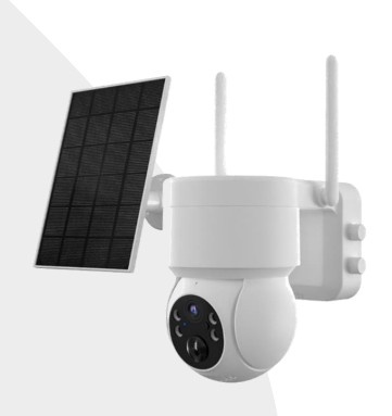 Câmara de vigilância branca com antenas duplas e painel solar preto