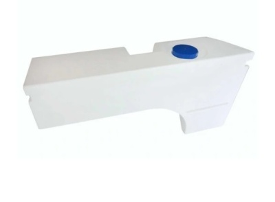 Depósito de plástico branco com tampa azul e formato retangular