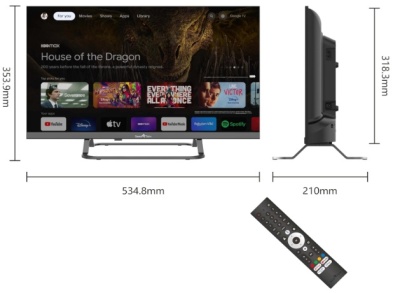 Televisor plano preto com interface de streaming e telecomando preto em fundo branco