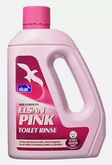 Produto líquido rosa para limpar casas de banho com rótulo e tampa rosa