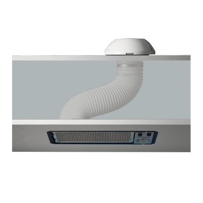 exaustor de cozinha embutido com tubo de ventilação branco e painel de controlo