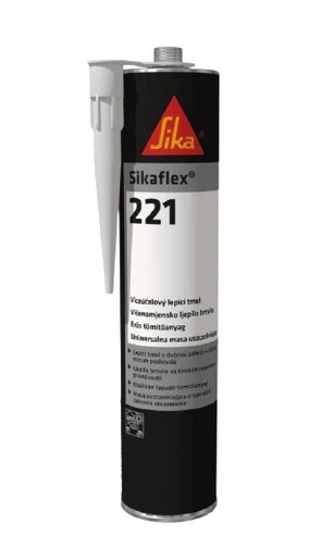 Embalaem de produto Sikaflex 221 com rótulo preto, branco e vermelho