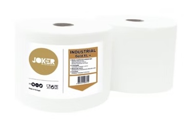 Dois rolos grandes de papel industrial branco com etiqueta JOKER INDUSTRIAL Gold XL