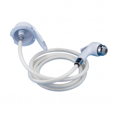 Manguera de ducha branca com conector e suporte de parede