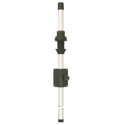 Dispositivo tubular longo branco com suporte preto ajustável em fundo branco