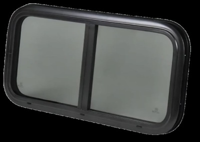 Janela deslizante retangular com moldura preta e vidro fumado