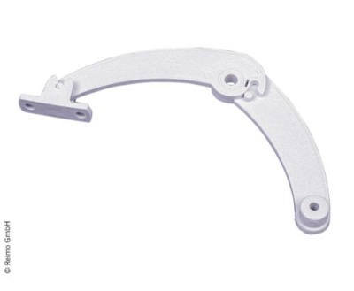 Peça metálica cinza claro curva com três orifícios para fixação