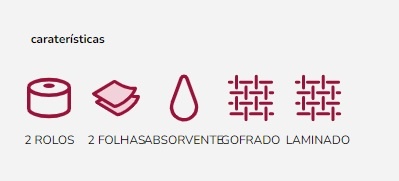 Ícones e texto descrevendo características do produto em vinho sobre fundo branco