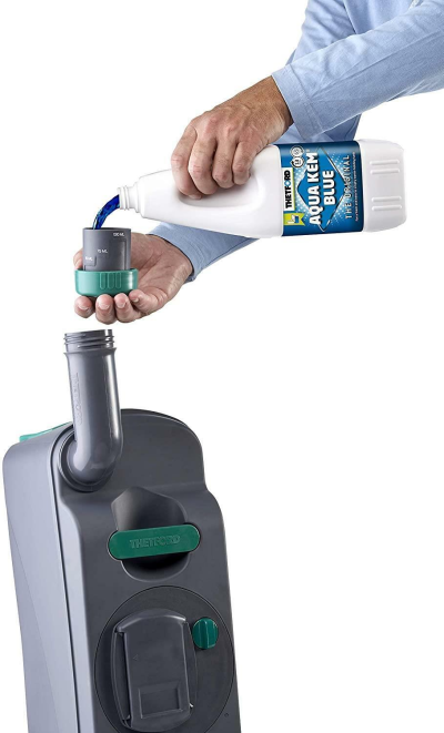 Mão a verter líquido azul de frasco THETFORD Aquakeim Blue para doseador cinzento com tampa verde junto a equipamento cinzento