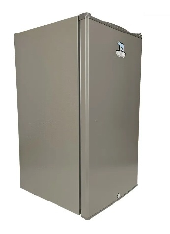 Mini frigorífico cinzento metálico com selo de urso