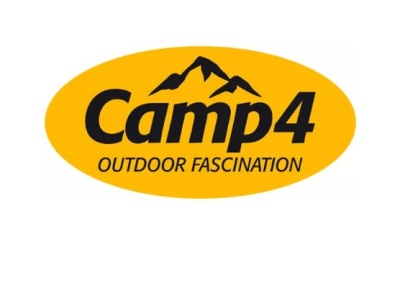Logótipo amarelo com texto preto Camp4 e OUTDOOR FASCINATION