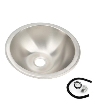 Tigela metálica redonda prateada com acessórios pretos ao lado