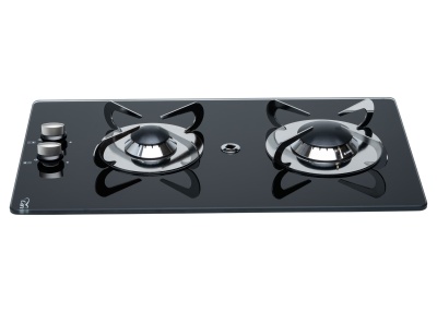 Placa de fogão a gás preta com dois queimadores e botões prateados