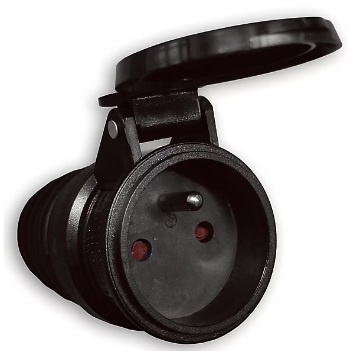 Tomada elétrica preta com tampa articulada aberta