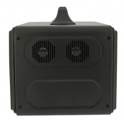 Alto-falante portátil preto com alça integrada e difusores de som