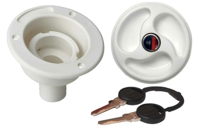 Conjunto de base e tampa brancas em plástico com par de chaves metálicas