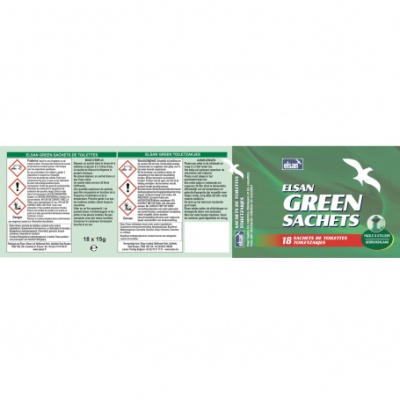 Embalagem verde dos Elsan Green Sachets com texto e ilustrações de gaivotas
