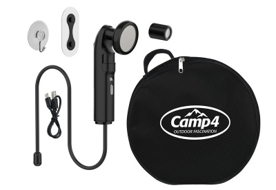 Acessórios pretos para campismo com bolsa redonda preta e logotipo Camp4