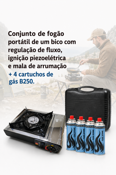 Conjunto de fogão portátil com quatro cartuchos de gás e mala de arrumação