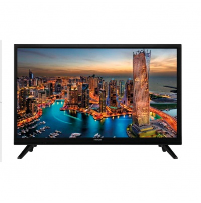 Televisor a mostrar imagem noturna de cidade com edifícios altos e água