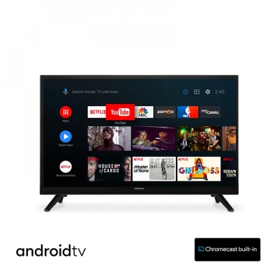 Televisor preto Hitachi com interface Android TV mostrando apps e Chromecast built-in.
