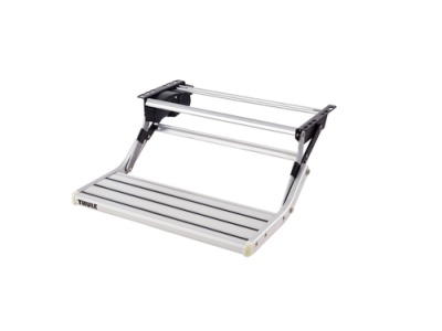 Suporte dobrável para bagageira de automóvel prateado e preto com texto THULE