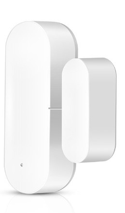 Sensor de porta e janela branco com duas peças arredondadas, parte maior com indicador luminoso