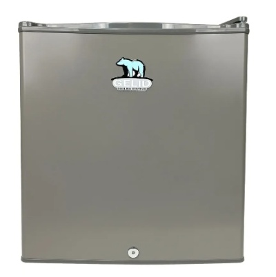 Mini frigorífico cinzento com logótipo GELID e urso