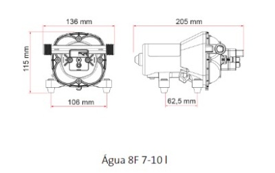 Desenho técnico de peça mecânica com medidas e texto Água 8F 7-10 l