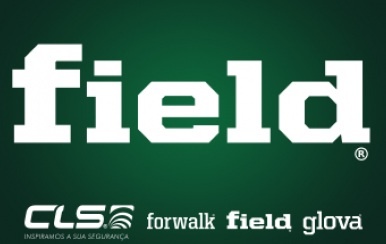 Texto branco field sobre fundo verde escuro com logótipos e textos menores em branco abaixo.