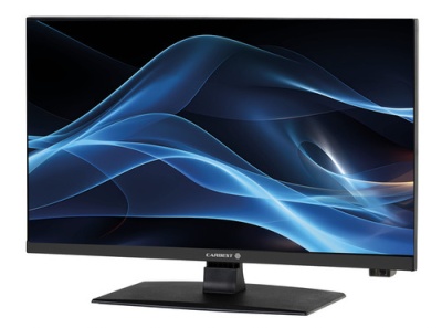 Monitor de computador preto com ecrã largo e gráfico azul