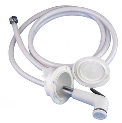 Mangueira flexível branca com chuveiro manual e suporte branco