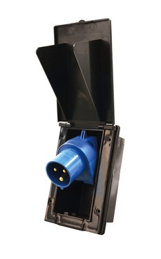 Tomada elétrica industrial azul com tampa preta aberta