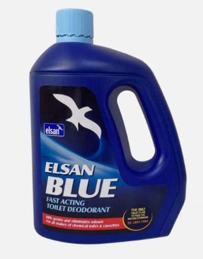 Frasco azul escuro com tampa azul clara, desodorizante 'ELSAN BLUE' para sanitários