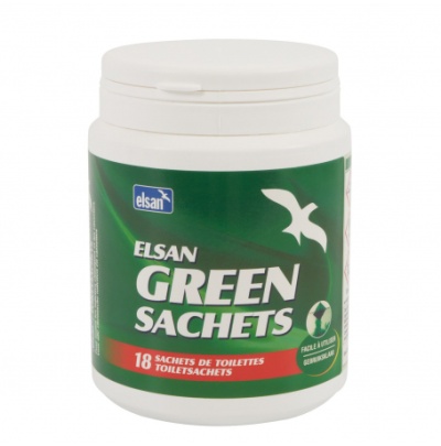 Frasco branco com embalagem verde e texto ELSAN GREEN SACHETS para 18 sachets de toaletes