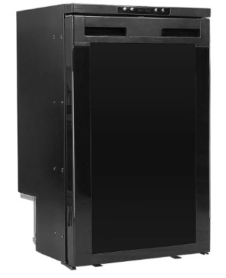 Frigorífico compacto preto com porta lisa e painel de controlo