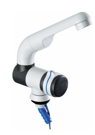 Torneira eletrónica branca com detalhes em preto e azul