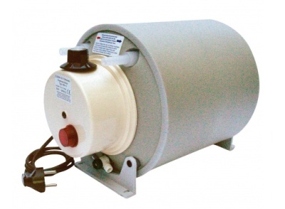 Aquecedor de água elétrico cilíndrico cinzento com tampa branca e plugue preto