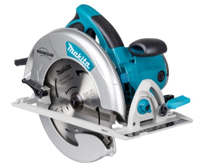 Serra circular Makita em azul, preto e prata com lâmina metálica e texto visível