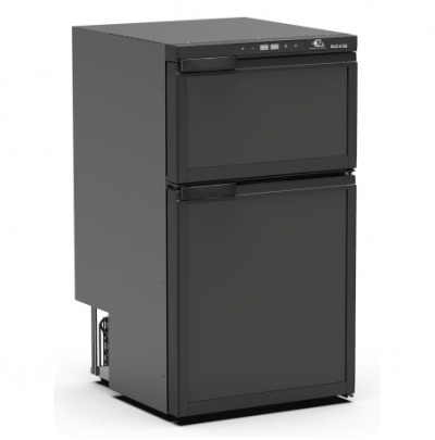 Frigorífico comercial preto de duas portas com painéis digitais