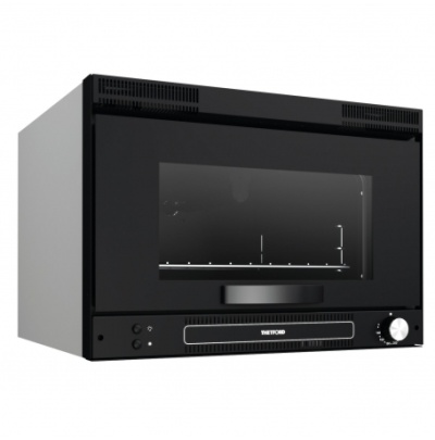 Micro-ondas preto THETFORD com porta de vidro e botões frontais