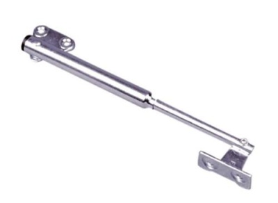 Amortecedor metálico de porta prateado com braço extensível e bases para fixação