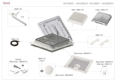Conjunto de componentes técnicos para ventilação com tampa transparente e base branca