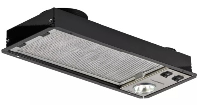 Exaustor de cozinha preto com filtro metálico e lâmpada embutida