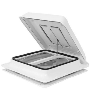 Ventoinha de exaustão de teto branca com aba aberta e vedação preta