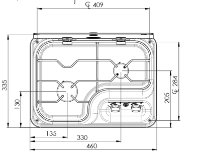 Desenho técnico a preto e branco de fogão portátil com duas bacias e medidas