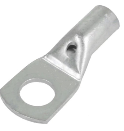 Terminal elétrico de metal prateado com furo circular